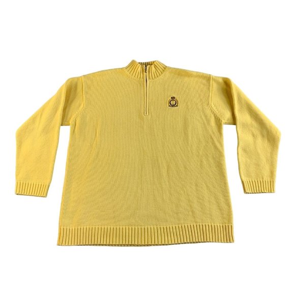 Vintage Lauren Ralph Lauren Sweater Mens XL Yellow Chunky Knit 1/4 Zip Crest NEW - Picture 1 of 12